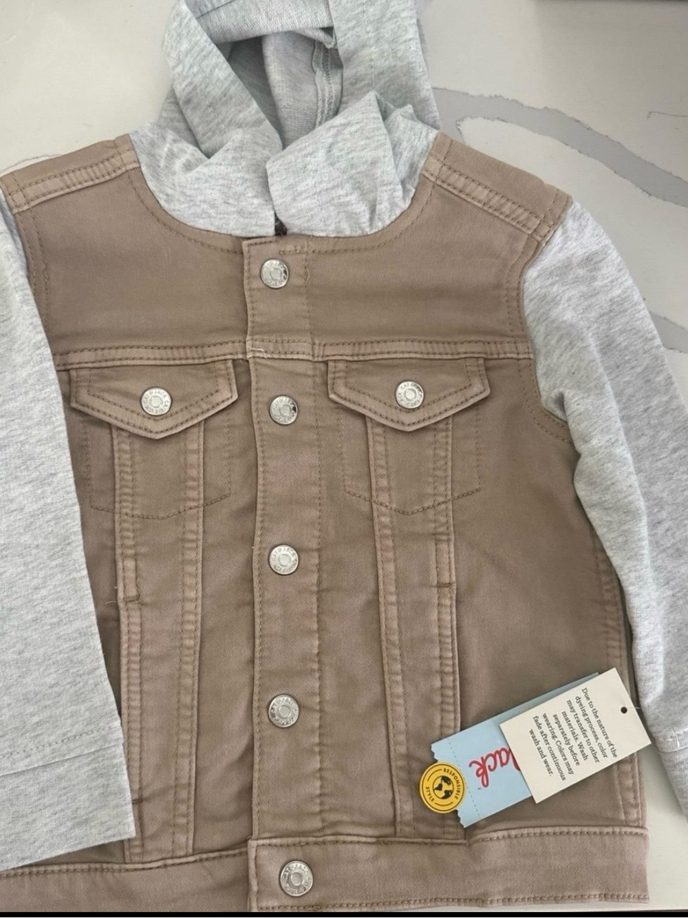 Cat & Jack Taupe Jean Jacket with Light Gray Hoodie Sleeves